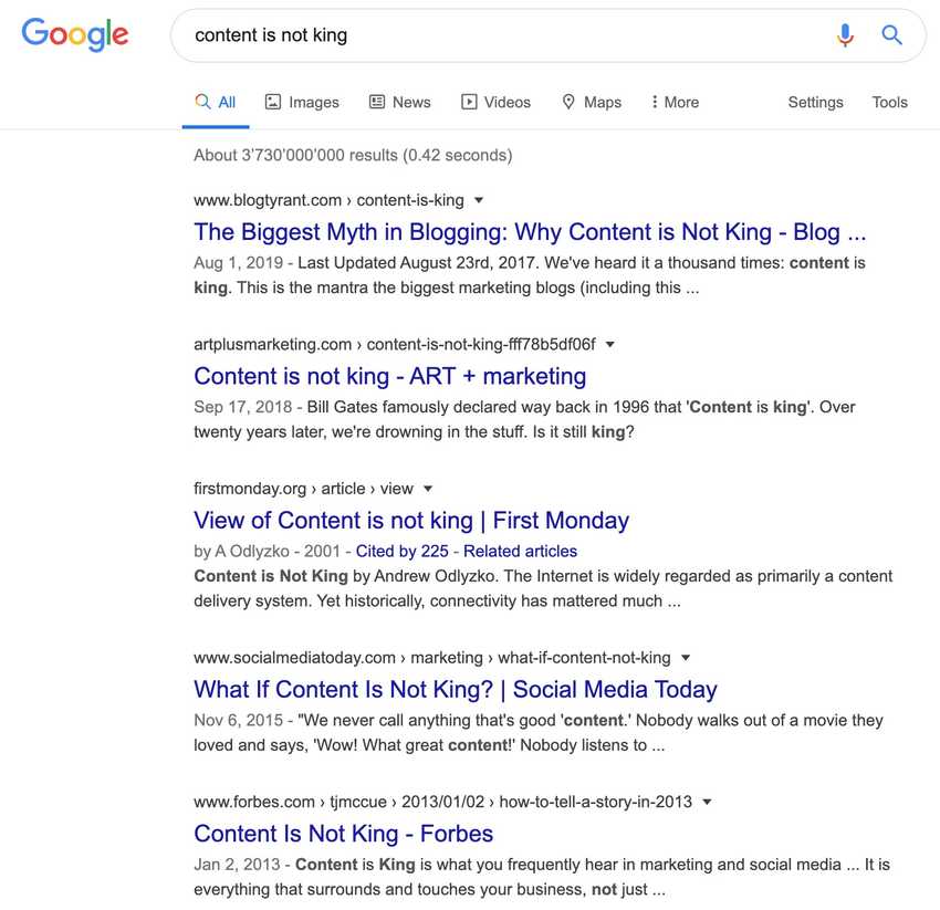 plenty of Google search results for content is not king