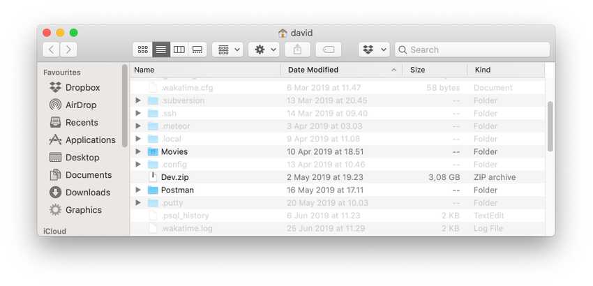 Finder window showing previously hidden folders and files