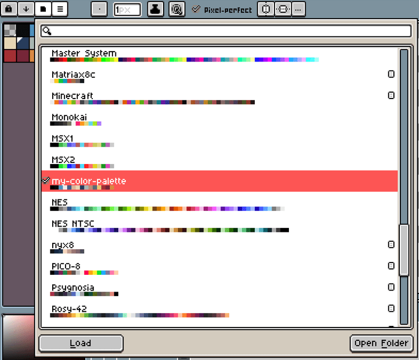 Load color palette from presets list in Aseprite