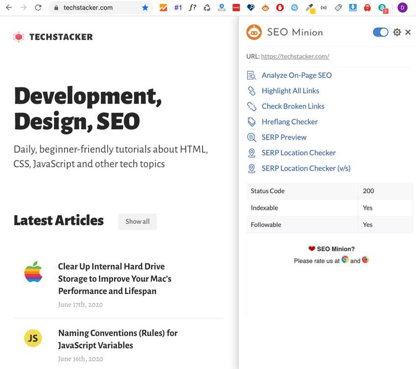 SEO Minion’s dashboard overview on the right side of the browser