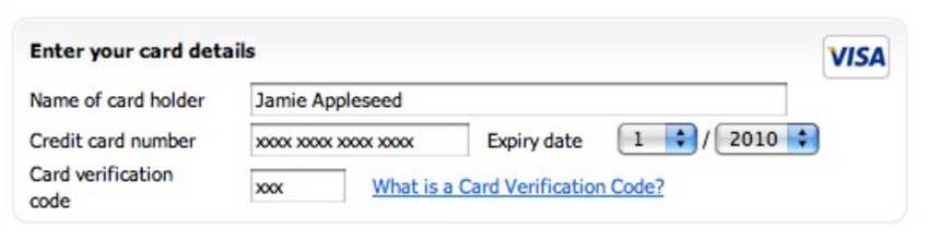 Example of a credit card form that has an input field for security codes which is too long