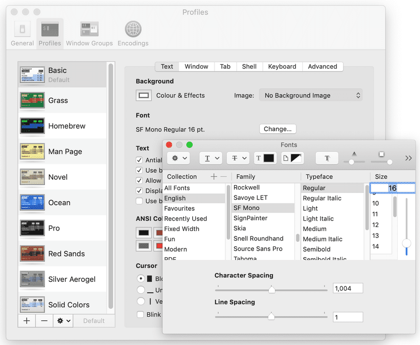 Mac Terminal > Preferences > Profiles > Text > Change Font settings tab