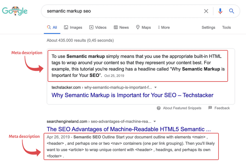 Search engine results showing a highlighted meta description
