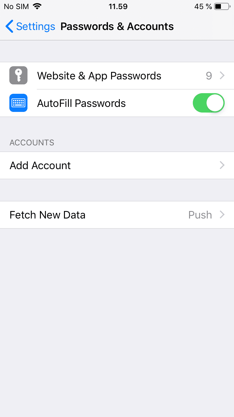 iPhone Fetch New Data screen, Push turned on