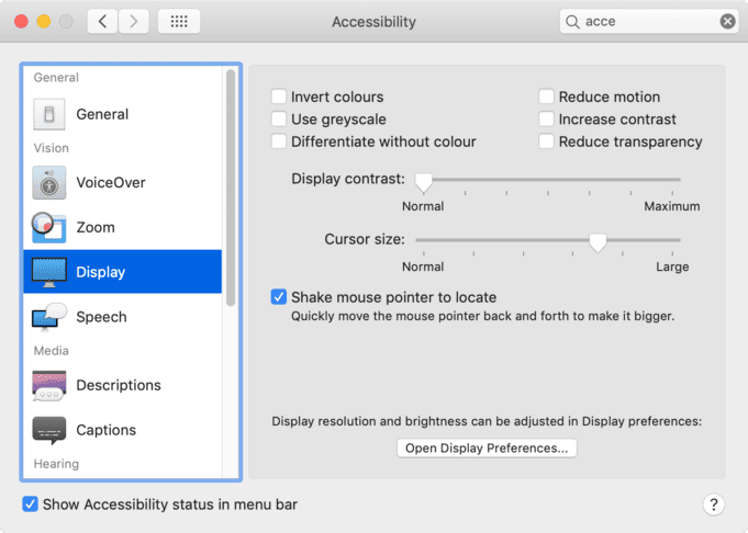Mac accessibility > Display > Adjust cursor size