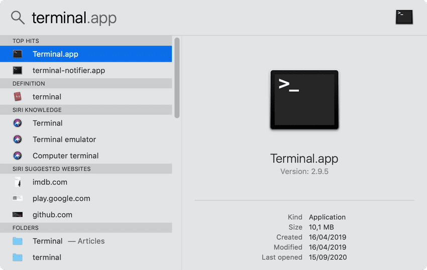 Find Terminal app via spotlight search