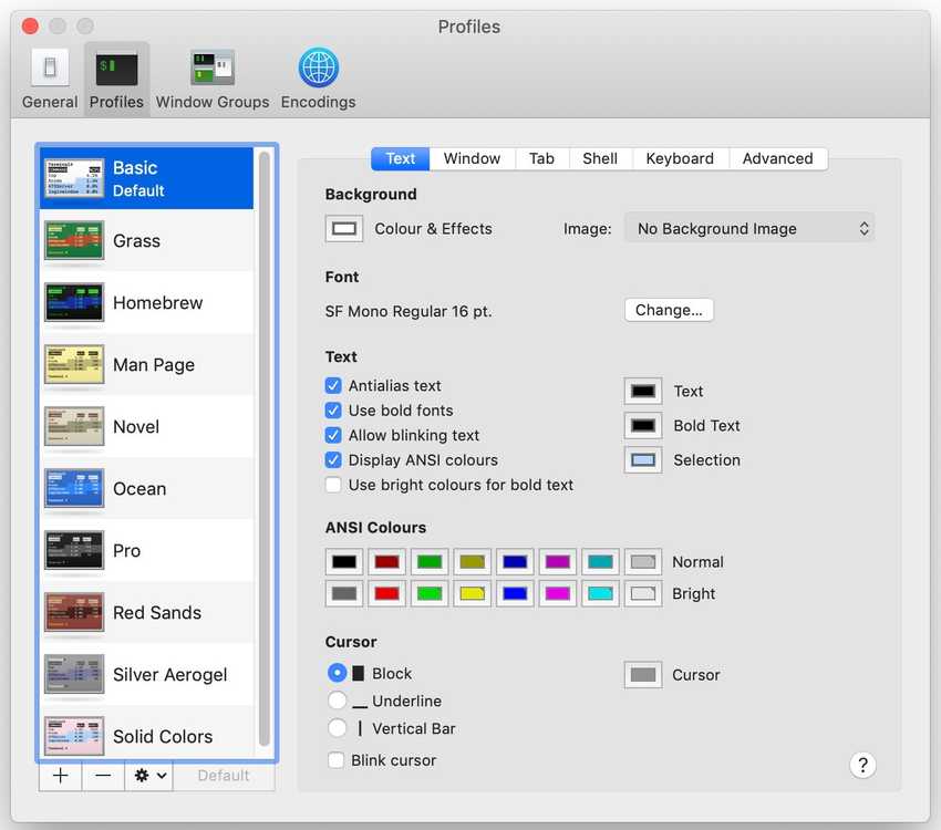Mac Terminal > Preferences > Profiles > Text tab