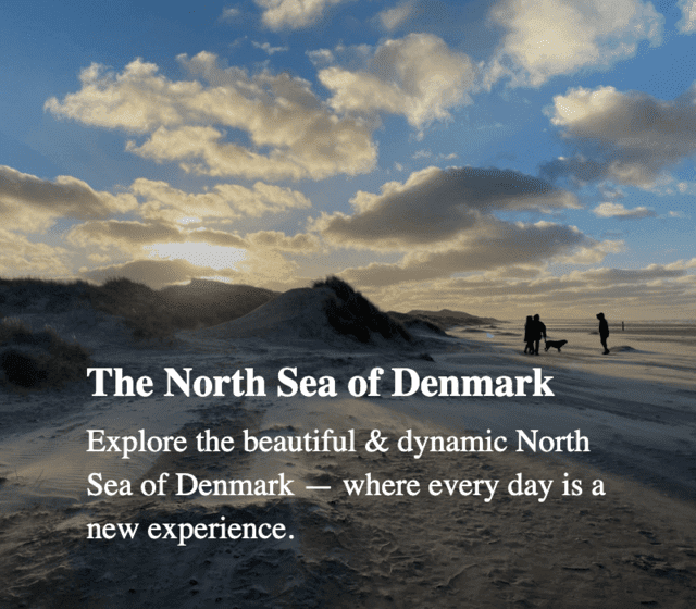 UI Card example with a beautiful background of the North Sea of Denmark beach, with an overlay and text on top
