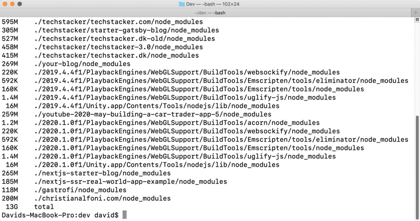 Mac terminal displaying list of node_modules