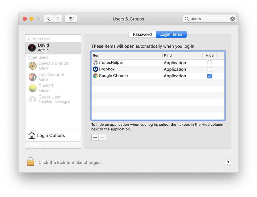 Mac Users & Groups Login Items tab