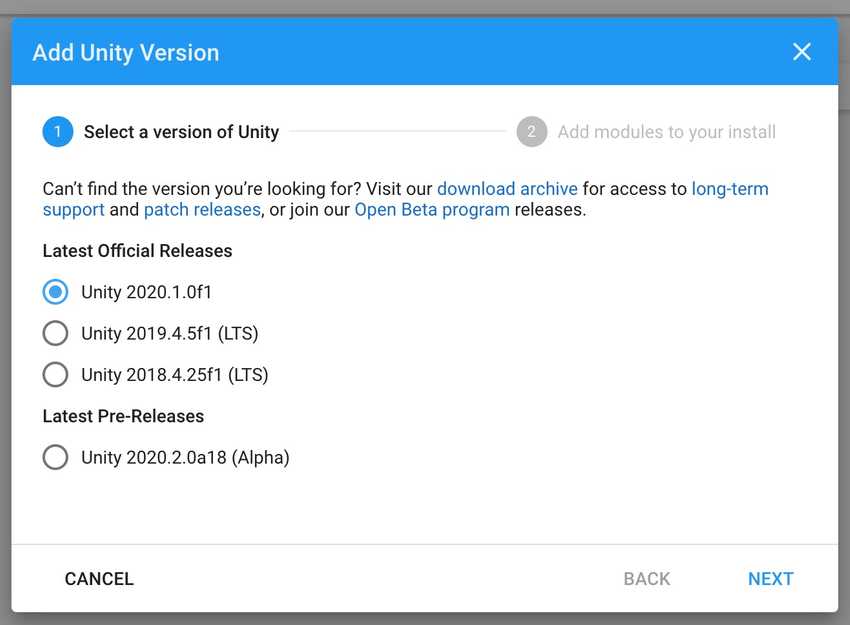 Overview of different Unity version you can install
