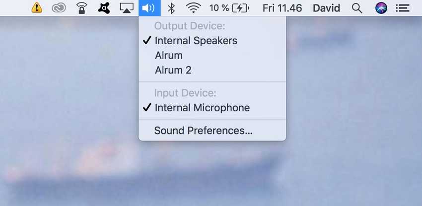 Mac’s audio input/output dropdown select menu