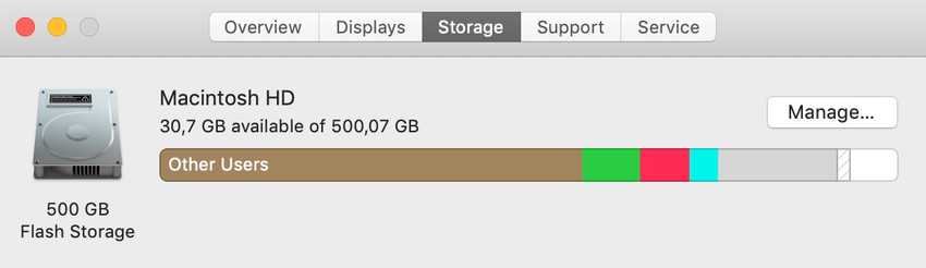 About This Mac Storage Tab showing how much hard drive capacity is left (here, 35GB out of 512GB