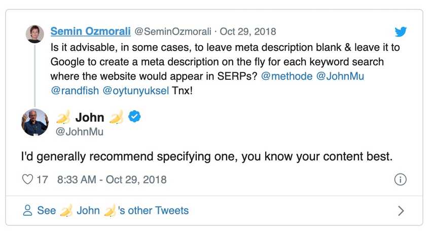 Screenshot of @johnmu’s interaction with a Twitter user about the importance of meta descriptions