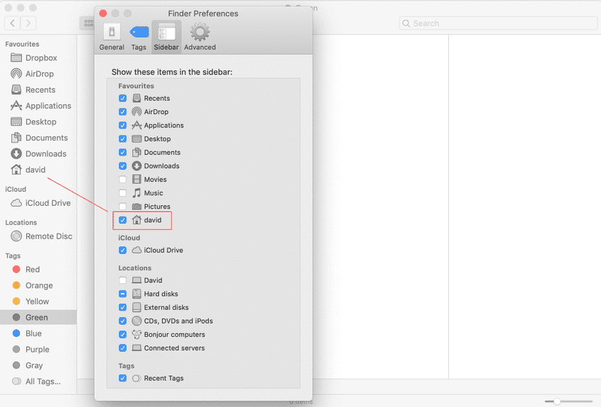 Showing the user folder added to Finder’s sidebar, under Favorites